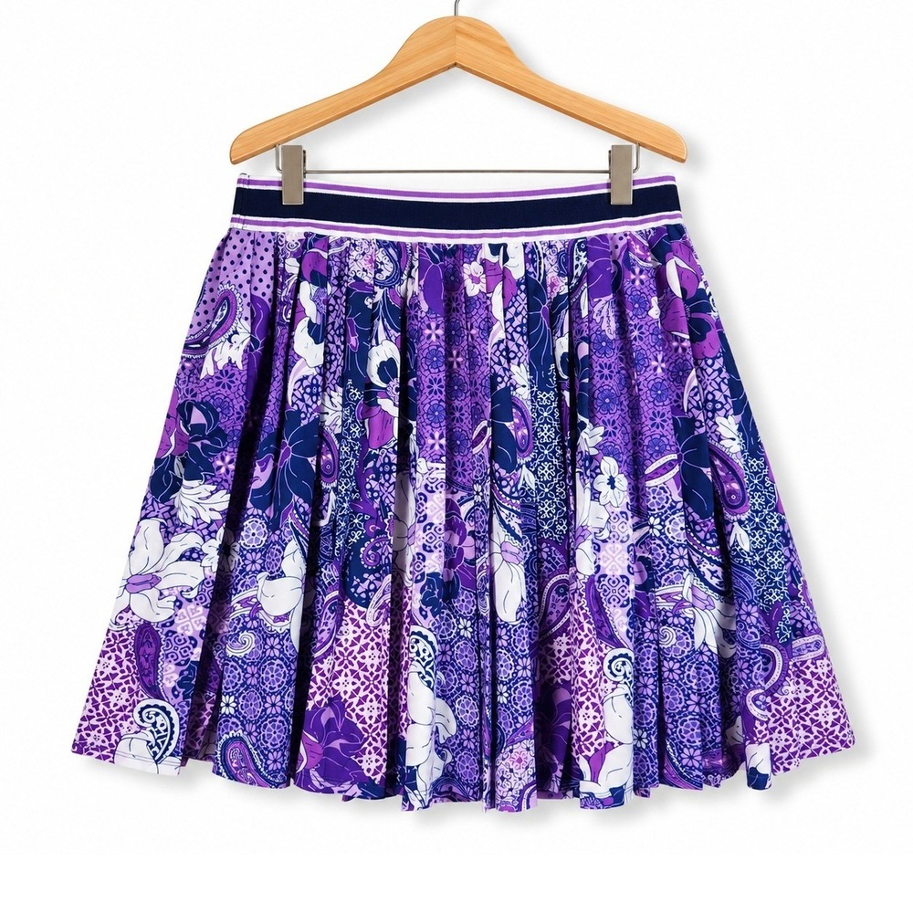 Susan Graver Courtside Social Large Lilac Patchwork Woven Pleated Skort A688544
